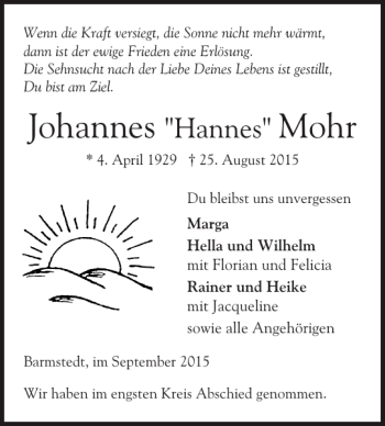 Traueranzeige von Johannes 'Hannes' Moor von Elmshorner Nachrichten