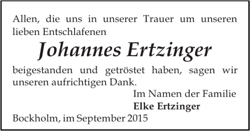  Traueranzeige für Johannes Ertzinger vom 19.09.2015 aus Flensburger Tageblatt