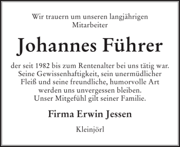 Traueranzeige von Johannes Führer von Flensburger Tageblatt