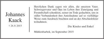Traueranzeige von Johannes Kaack von Norddeutsche Rundschau