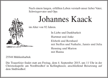 Traueranzeige von Johannes Kaack von Norddeutsche Rundschau