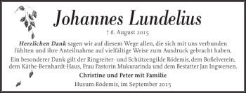 Traueranzeige von Johannes Lundelius von Husumer Nachrichten