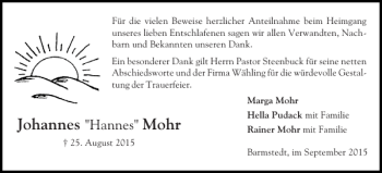 Traueranzeige von Johannes Mohr von Elmshorner Nachrichten