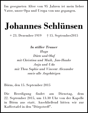Traueranzeige von Johannes Schlünsen von Schleswiger Nachrichten