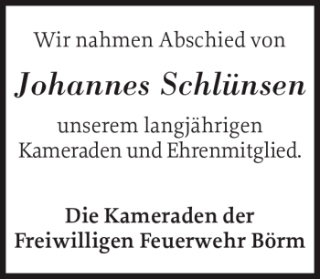 Traueranzeige von Johannes Schlünsen von Schleswiger Nachrichten