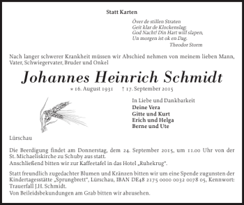 Traueranzeige von Johannes Heinrich Schmidt von Schleswiger Nachrichten