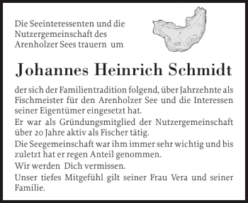 Traueranzeige von Johannes Heinrich Schmidt von Schleswiger Nachrichten