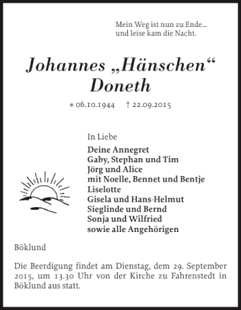Traueranzeige von Johannes Hänschen Doneth von Schleswiger Nachrichten