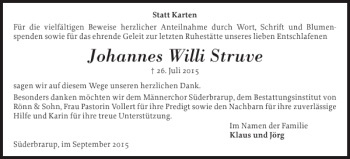 Traueranzeige von Johannes Willi Struve von Schleswiger Nachrichten