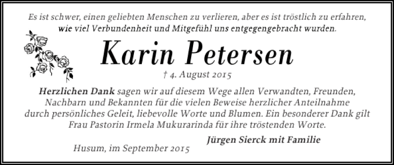  Traueranzeige für Karin Petersen vom 05.09.2015 aus Husumer Nachrichten