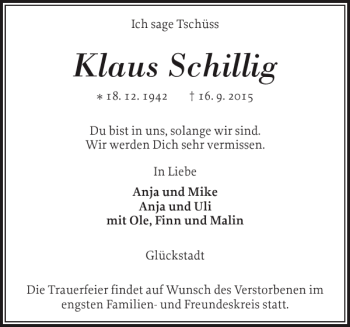 Traueranzeige von Klaus Schillig von Norddeutsche Rundschau