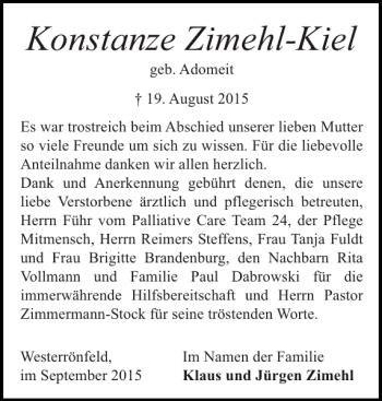 Traueranzeige von Konstanze Zimehl-Kiel von Landeszeitung