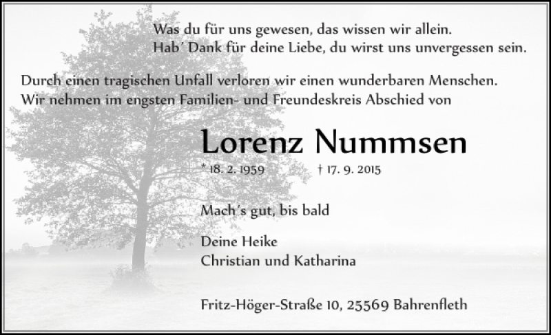  Traueranzeige für Lorenz Nummsen vom 26.09.2015 aus Norddeutsche Rundschau
