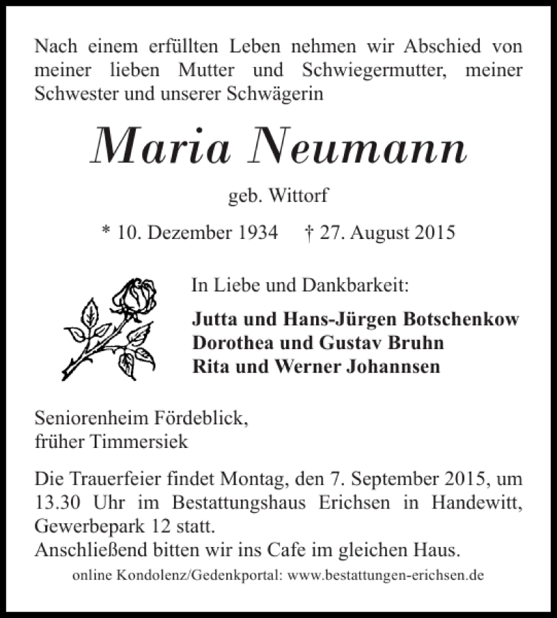  Traueranzeige für Maria Neumann vom 01.09.2015 aus Flensburger Tageblatt