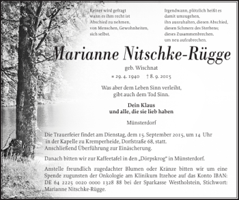 Traueranzeige von Marianne Nitschke-Rügge von Norddeutsche Rundschau