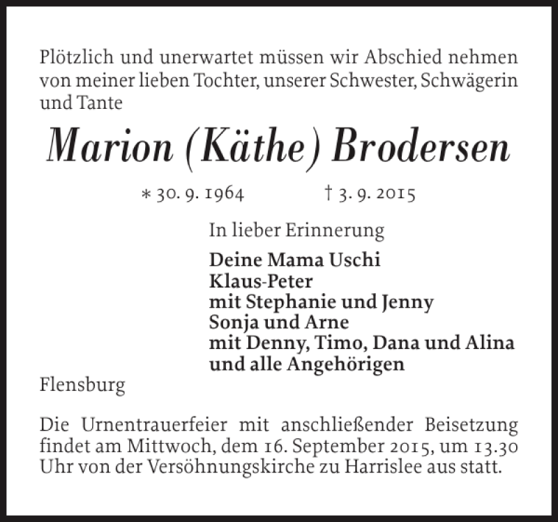  Traueranzeige für Marion Käthe Brodersen vom 12.09.2015 aus Flensburger Tageblatt