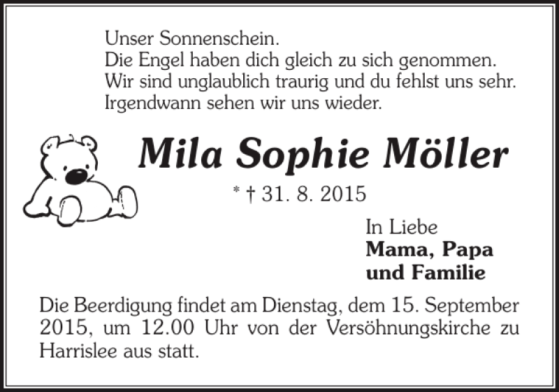  Traueranzeige für Mila Sophie Möller vom 10.09.2015 aus Flensburger Tageblatt