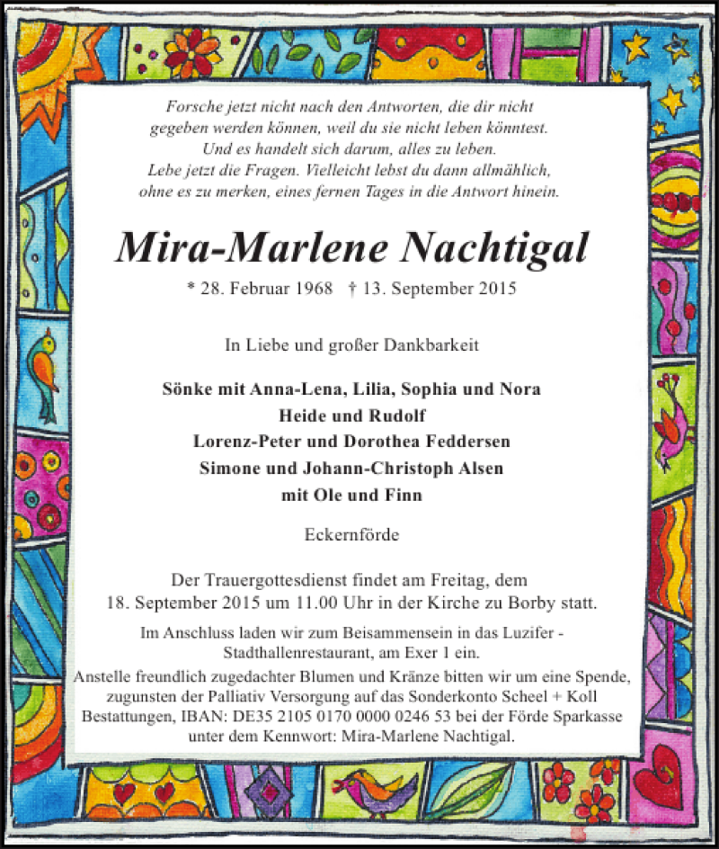  Traueranzeige für Mira-Marlene Nachtigal vom 16.09.2015 aus Eckernförder Zeitung