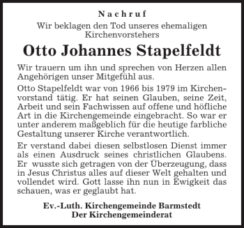 Traueranzeige von Otto Johannes Stapelfeldt von Elmshorner Nachrichten