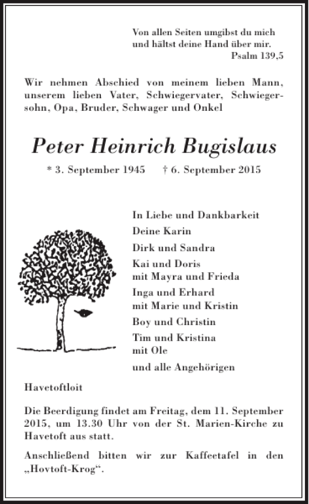  Traueranzeige für Peter Heinrich Bugislaus vom 09.09.2015 aus Flensburger Tageblatt