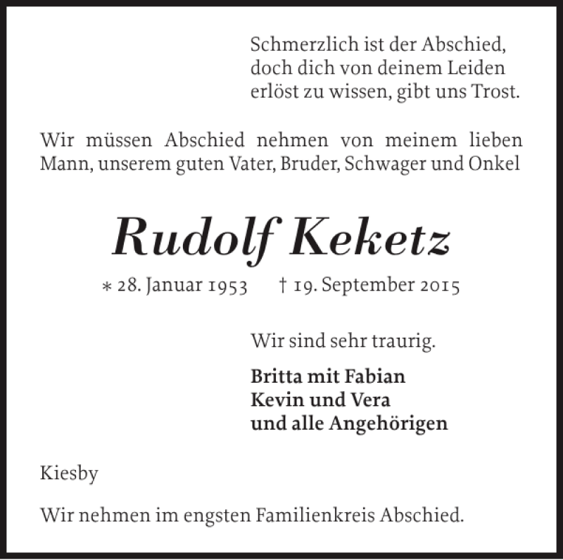  Traueranzeige für Rudolf Keketz vom 22.09.2015 aus Schlei-Bote