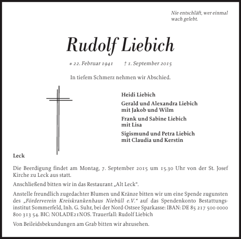  Traueranzeige für Rudolf Liebich vom 03.09.2015 aus Nordfriesland Tageblatt