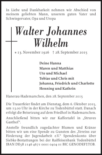 Traueranzeige von Walter Johannes Wilhelm von Landeszeitung