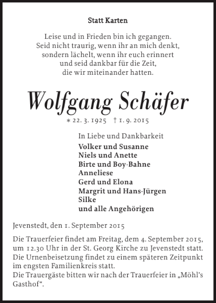  Traueranzeige für Wolfgang Schäfer vom 03.09.2015 aus Landeszeitung