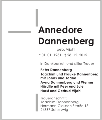 Traueranzeige von Annedore Dannenberg von Schleswiger Nachrichten