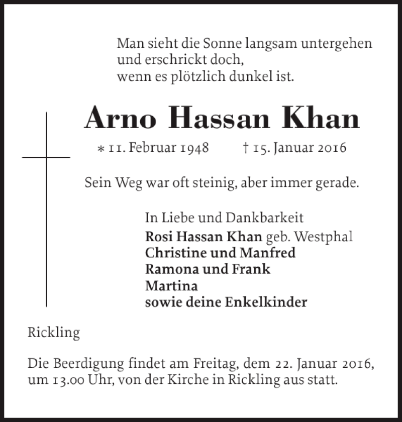  Traueranzeige für Arno Hassan Khan vom 20.01.2016 aus Holsteinischer Courier