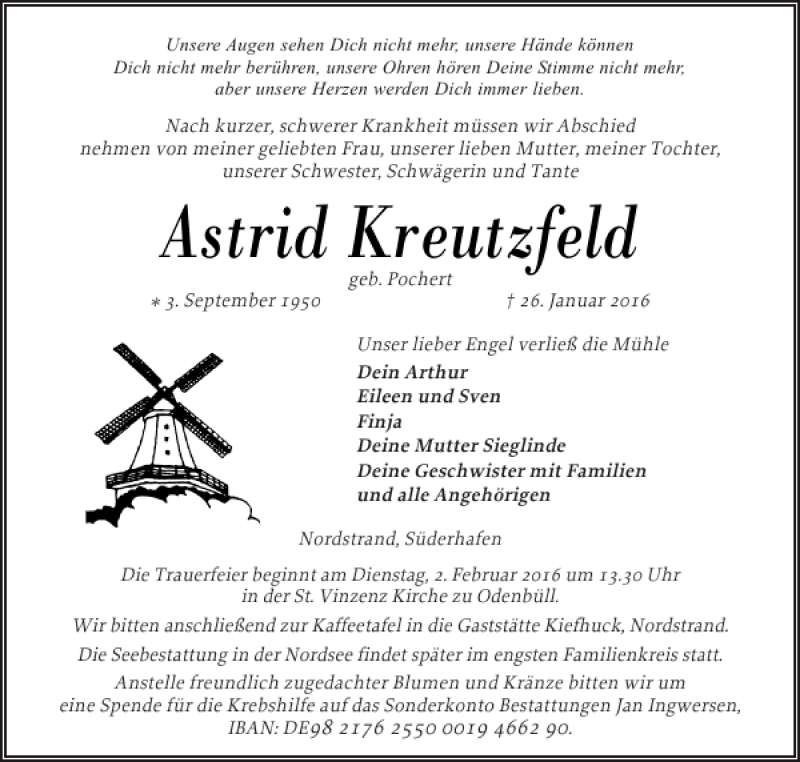  Traueranzeige für Astrid Kreutzfeld vom 29.01.2016 aus Husumer Nachrichten