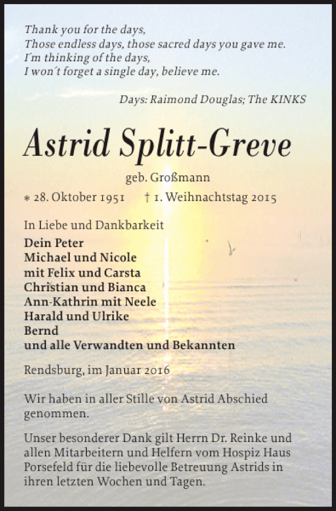  Traueranzeige für Astrid Splitt-Greve vom 09.01.2016 aus Landeszeitung