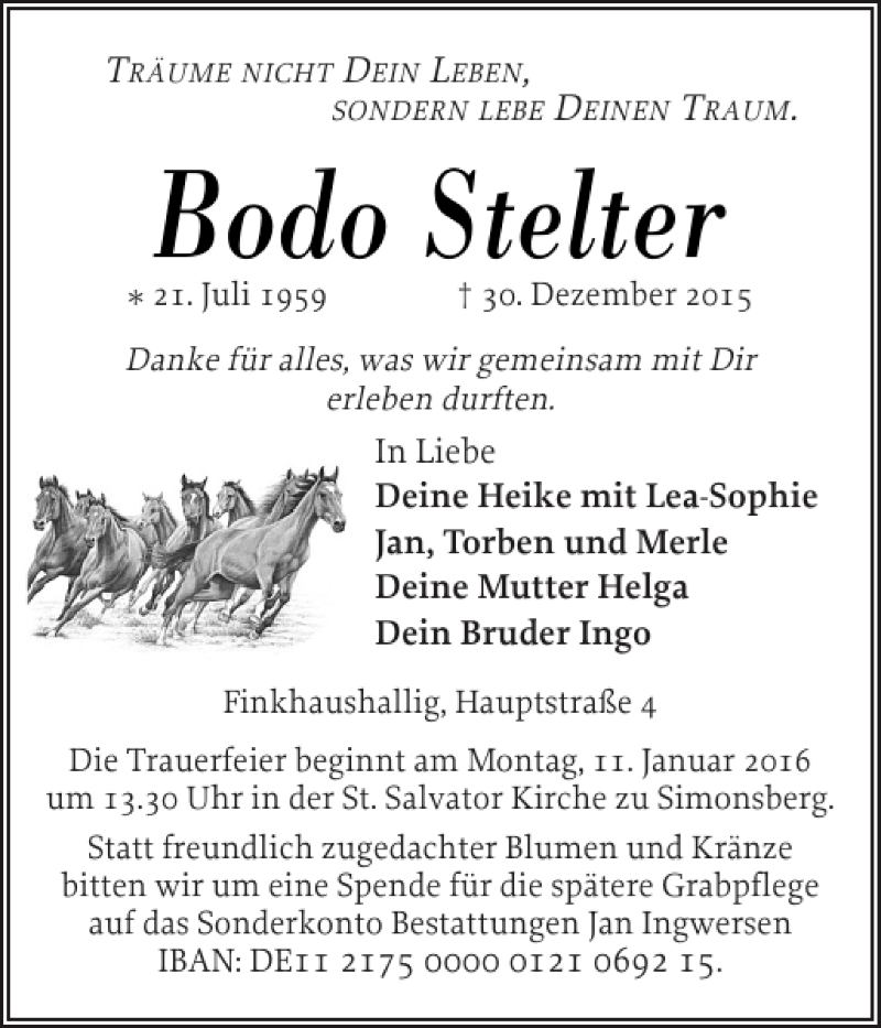  Traueranzeige für Bodo Stelter vom 06.01.2016 aus Husumer Nachrichten