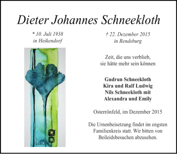 Traueranzeige von Dieter Johannes Schneekloth von Landeszeitung