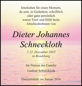 Traueranzeige von Dieter Johannes Schneekloth von Landeszeitung