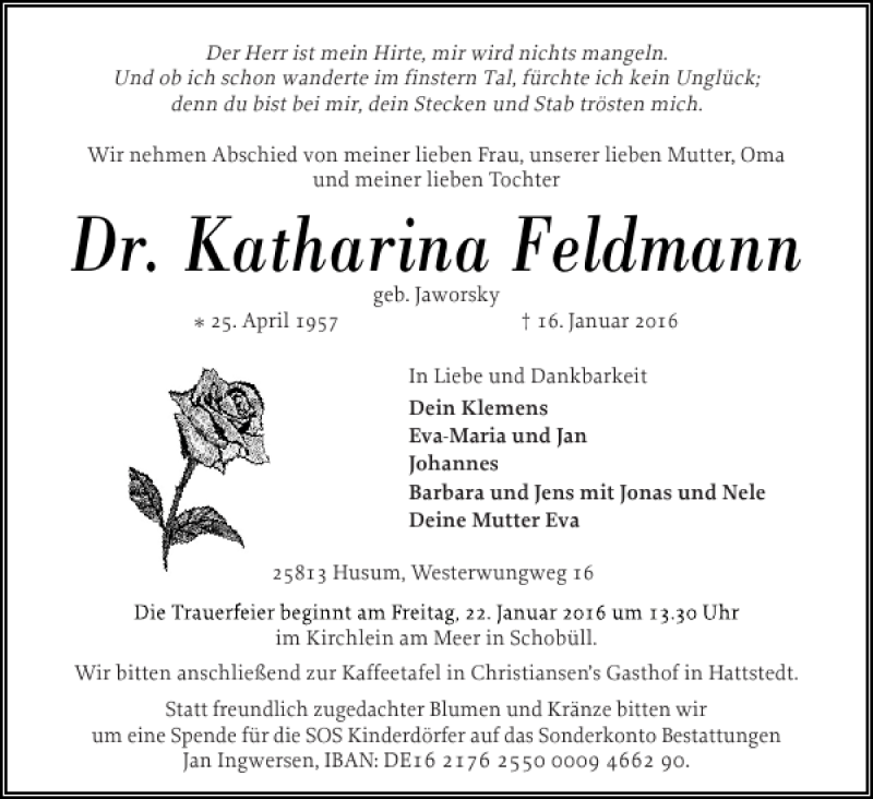  Traueranzeige für Dr. Katharina Feldmann vom 18.01.2016 aus Flensburger Tageblatt