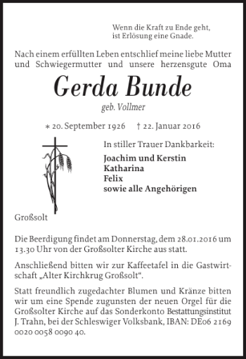 Traueranzeige von Gerda Bunde von Flensburger Tageblatt