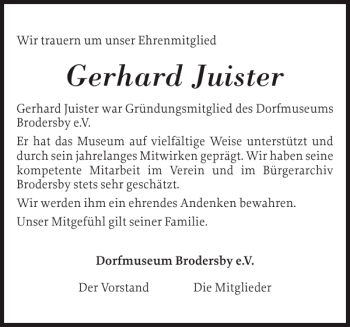 Traueranzeige von Gerhard Juister von Schleswiger Nachrichten