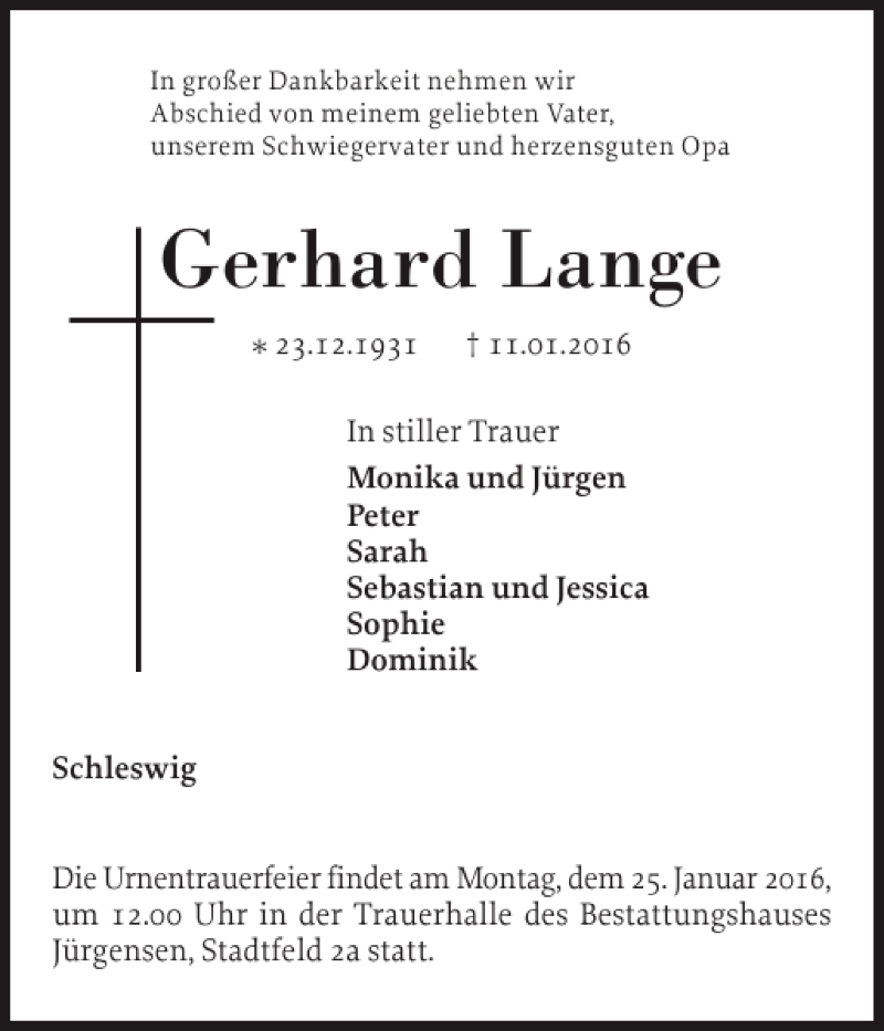  Traueranzeige für Gerhard Lange vom 16.01.2016 aus Schleswiger Nachrichten