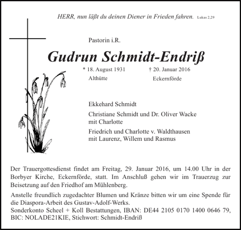  Traueranzeige für Gudrun Schmidt-Endriß vom 23.01.2016 aus Eckernförder Zeitung