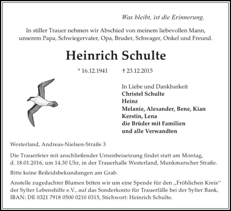  Traueranzeige für Heinrich Schulte vom 12.01.2016 aus Sylter Rundschau