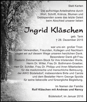 Traueranzeige von IInnggrriidd KKlläässcchheenn von Landeszeitung