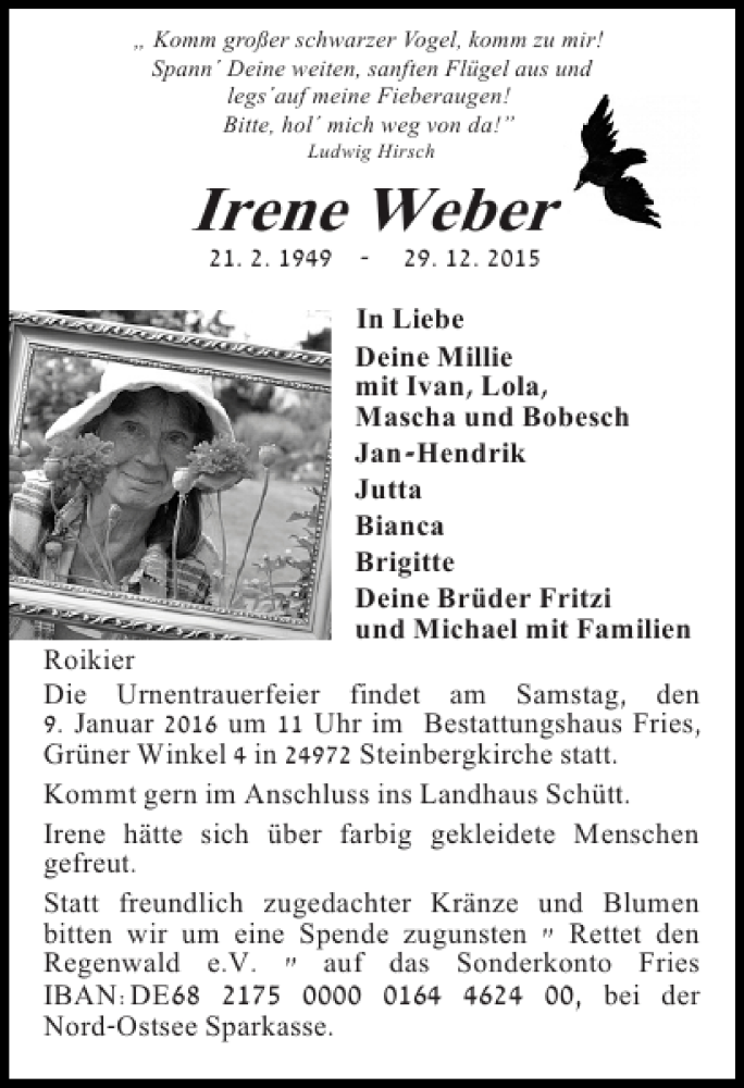  Traueranzeige für Irene Weber vom 05.01.2016 aus Flensburger Tageblatt