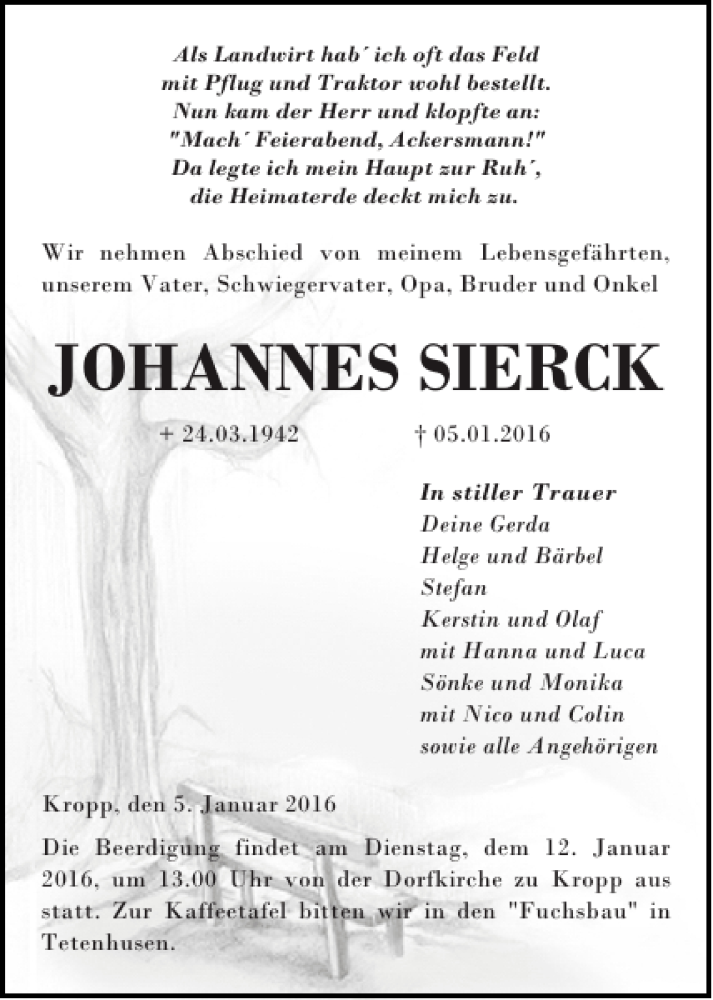  Traueranzeige für JOHANNES SIERCK vom 07.01.2016 aus Landeszeitung