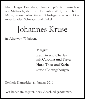 Traueranzeige von Johannes Kruse von Elmshorner Nachrichten