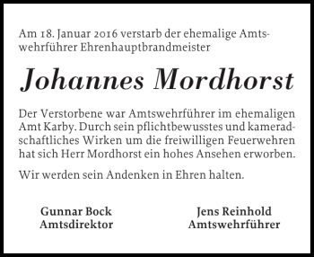Traueranzeige von Johannes Mordhorst von Eckernförder Zeitung
