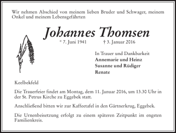 Traueranzeige von Johannes Thomsen von Flensburger Tageblatt