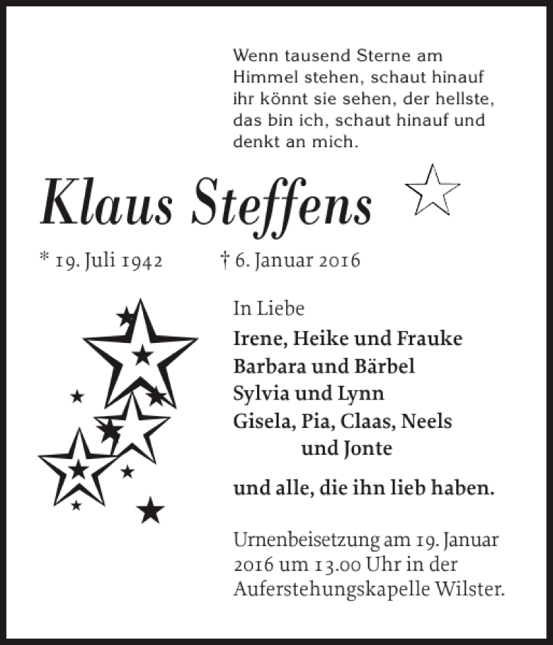  Traueranzeige für Klaus Steffens vom 09.01.2016 aus Norddeutsche Rundschau