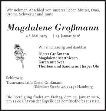 Traueranzeige von Magdalene Großmann von Schleswiger Nachrichten