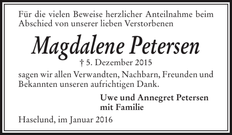  Traueranzeige für Magdalene Petersen vom 11.01.2016 aus Husumer Nachrichten